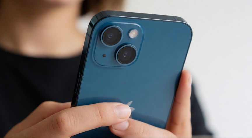 que iphone de segunda mano comprar, Persona sosteniendo un iPhone 13 de segunda mano mostrando la parte trasera