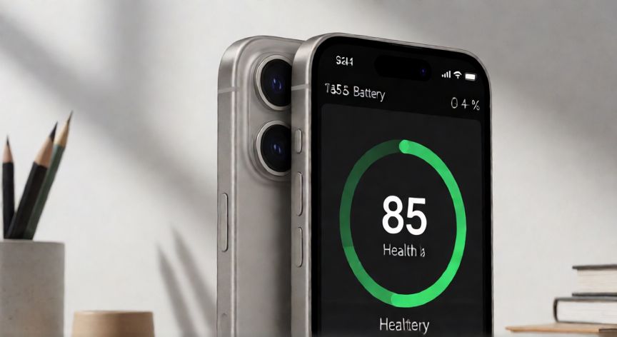que iphone de segunda mano comprar, Vista detallada de un iPhone 14 Pro junto a una pantalla de diagnostico de bateria