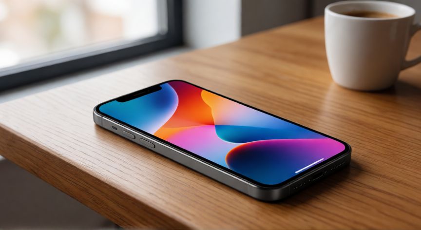 que iphone debo comprar en 2026, iPhone de gama alta sobre una mesa de madera con iluminación natural
