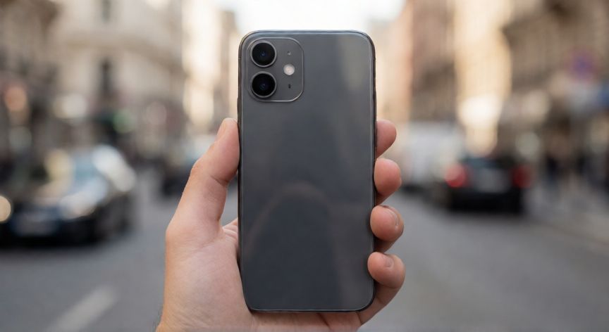 que iphone debo comprar en 2026, Detalle de la parte trasera de un iPhone de gama media sostenido en la mano