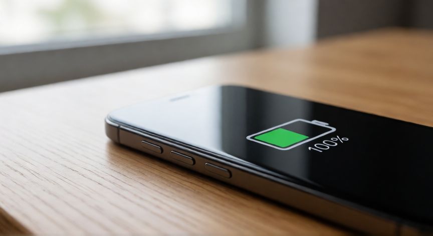 que iphone dura mas la bateria, Smartphone con batería al 100 por ciento sobre una mesa de madera
