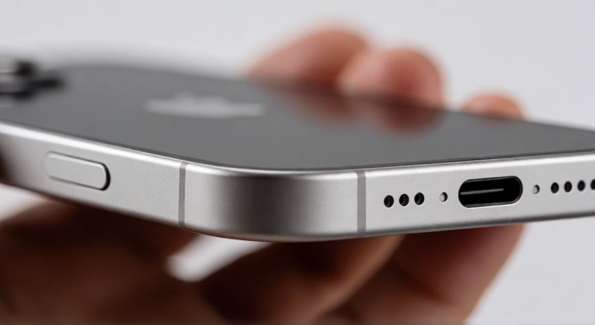 que iphone es el ultimo, Detalle del puerto USB-C y botón de acción en iPhone 15