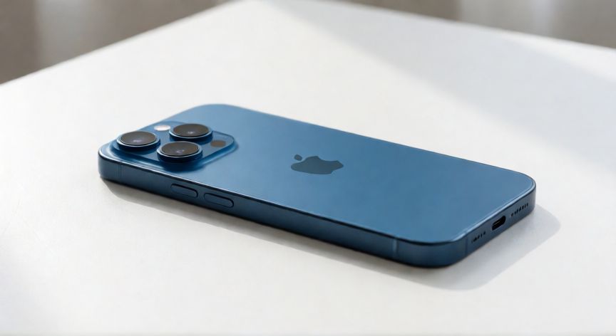 que iphone es mejor, iPhone 15 en color azul sobre una superficie blanca minimalista