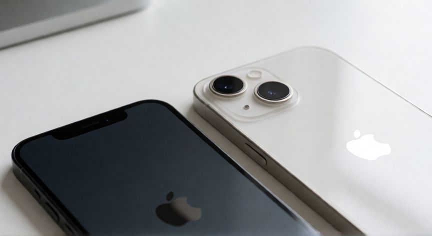 que iphone es mejor calidad precio, Comparativa visual entre iPhone 14 y iPhone 13 sobre escritorio