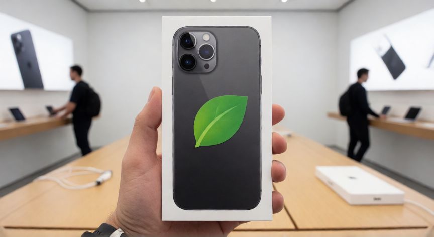 que iphone es mejor calidad precio, Caja de iPhone reacondicionado con etiqueta de sostenibilidad