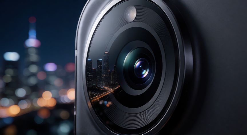 que iphone es mejor comprar en 2026, Detalle del lente de cámara del iPhone 2026 reflejando una ciudad nocturna