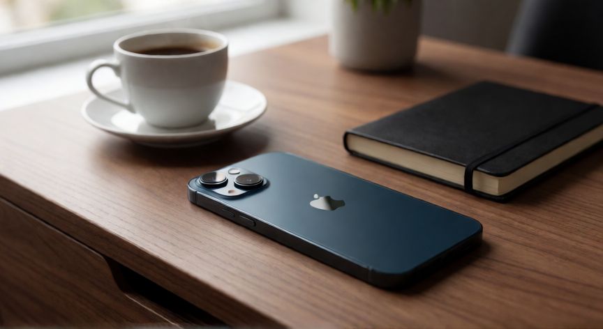 que iphone es mejor el 13 o 14, iPhone 13 en color medianoche sobre una mesa de madera con luz natural