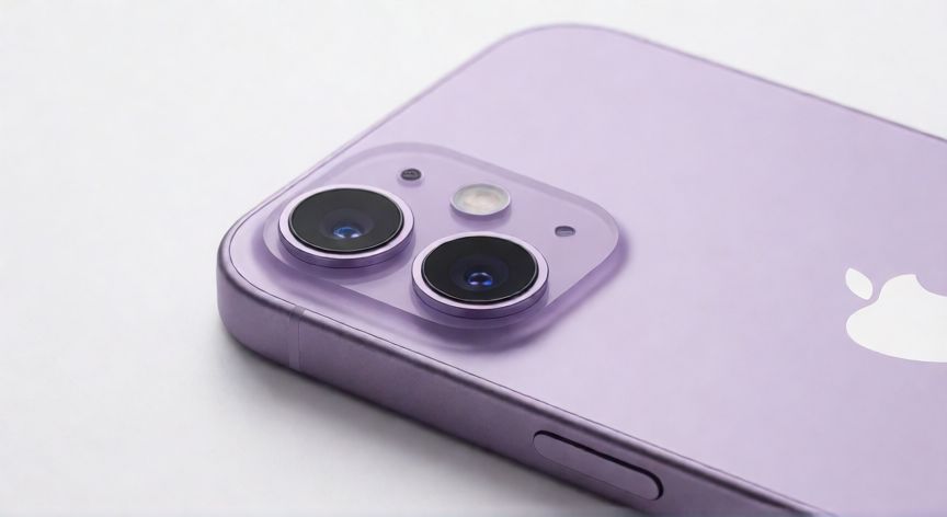 que iphone es mejor el 13 o 14, Detalle de la cámara trasera del iPhone 14 en color morado sobre fondo blanco