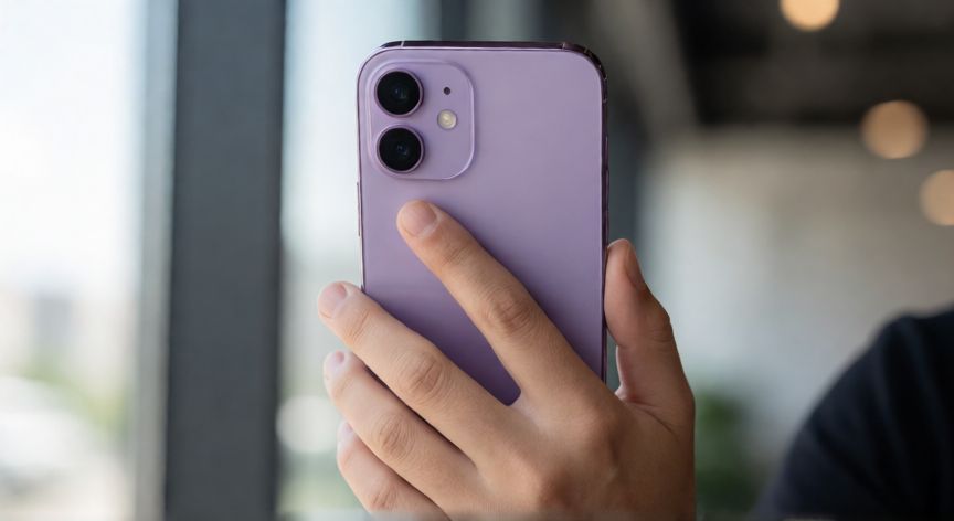 qué iphone es mejor el 13 o el 14, Detalle de la mano sosteniendo un iPhone 14 de color púrpura mostrando la parte trasera