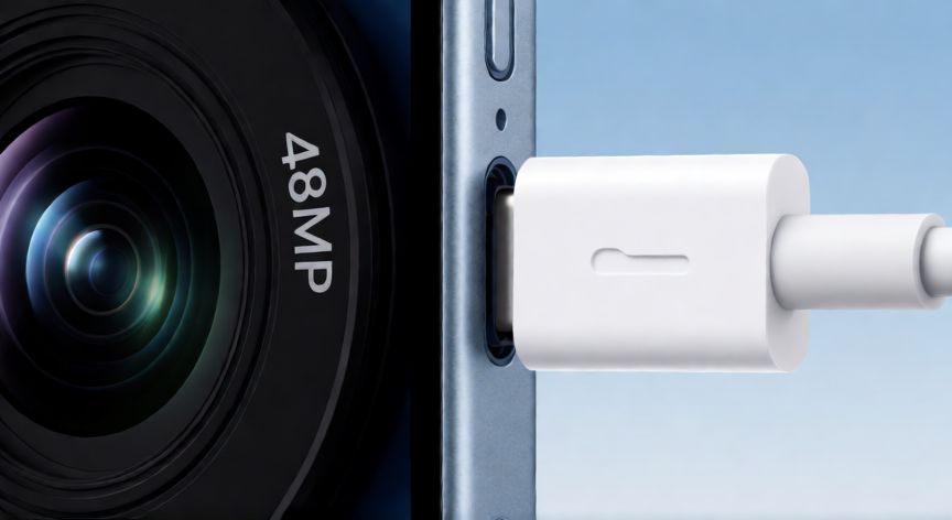 que iphone es mejor el a14 o el 15, Detalle del puerto USB-C y la cámara de 48 MP en el iPhone 15
