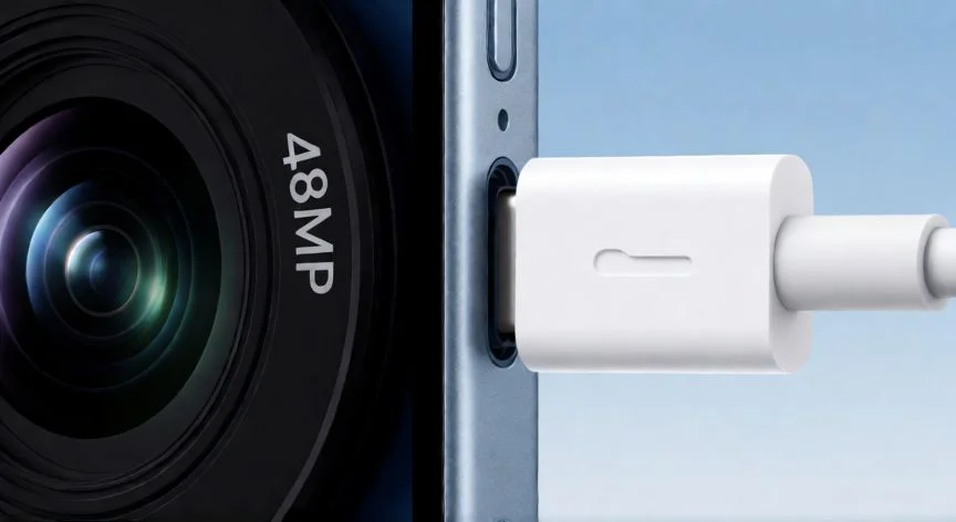 que iphone es mejor el a14 o el 15, Detalle del puerto USB-C y la cámara de 48 MP en el iPhone 15