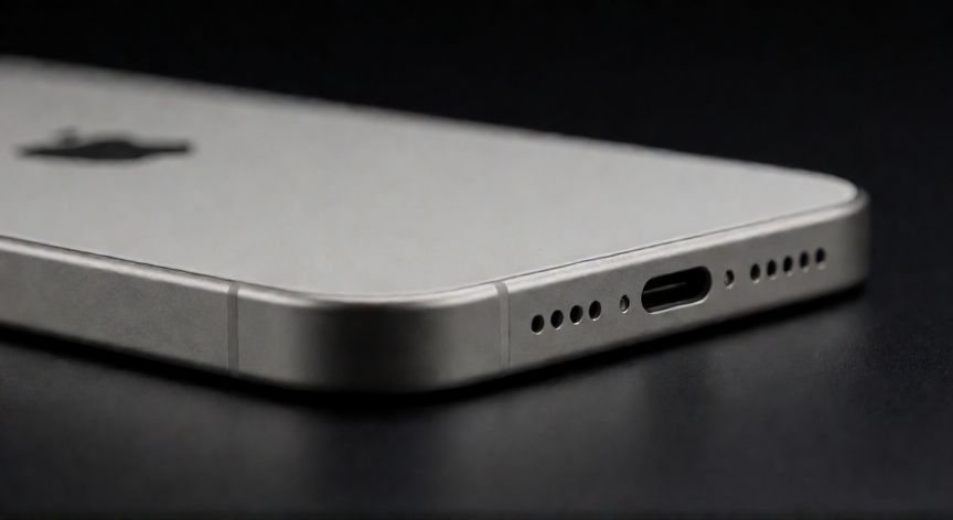 que iphone fue el mas vendido, Vista cercana de un iPhone 15 mostrando su diseño de titanio y puerto USB-C