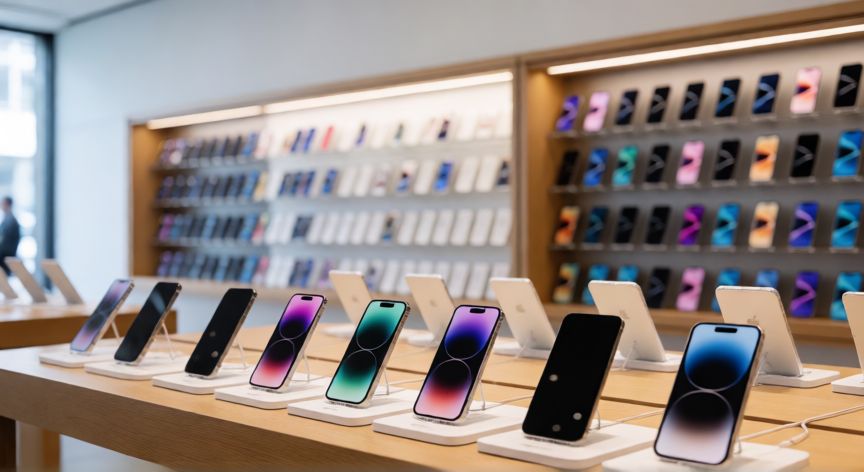 que iphone fue el mas vendido, Tienda de electrónica con estantes llenos de iPhones listos para la venta masiva