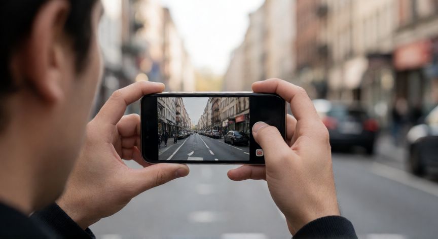 que iphone graba doble pantalla, Persona grabando video con doble vista en un iPhone en la calle