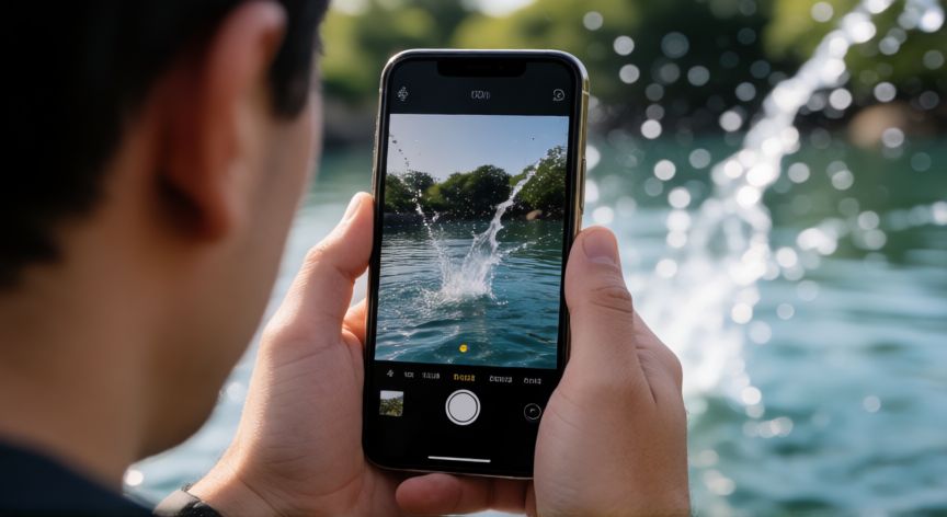 que iphone graba en 4k 120 fps, Persona grabando en cámara lenta con un iPhone al aire libre