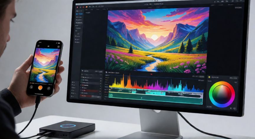 que iphone graba en 4k, Escenario de edición de video profesional con iPhone y monitor