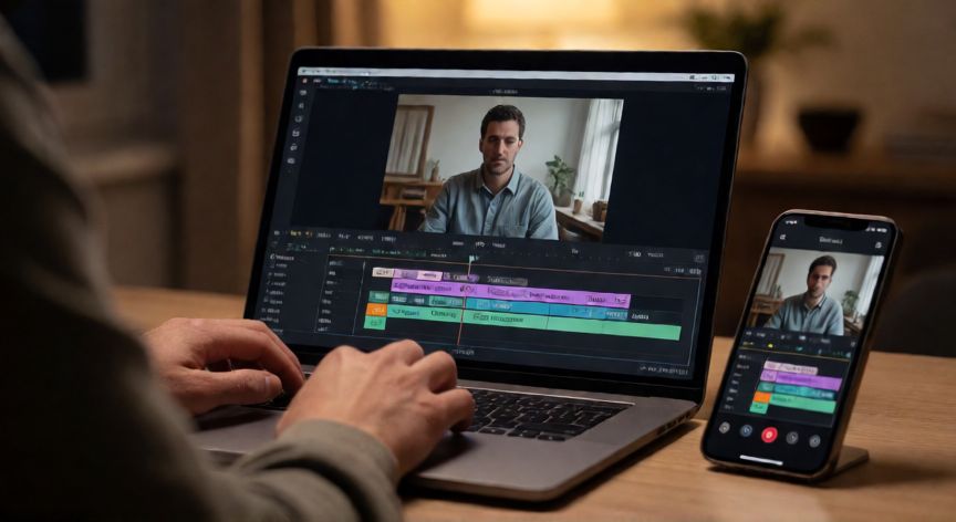 que iphone graba en 8k, Edición de video profesional en una computadora portátil junto a un smartphone