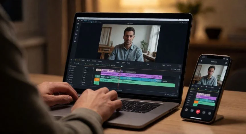 que iphone graba en 8k, Edición de video profesional en una computadora portátil junto a un smartphone