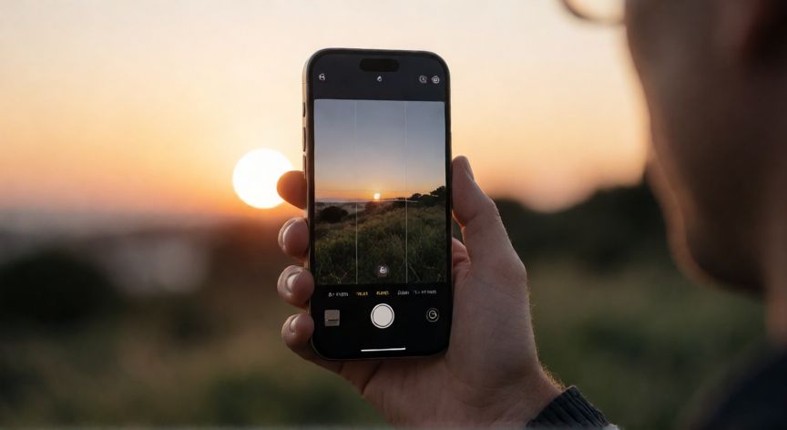 que iphone graba mejor video, Persona grabando con un iPhone 16 al atardecer