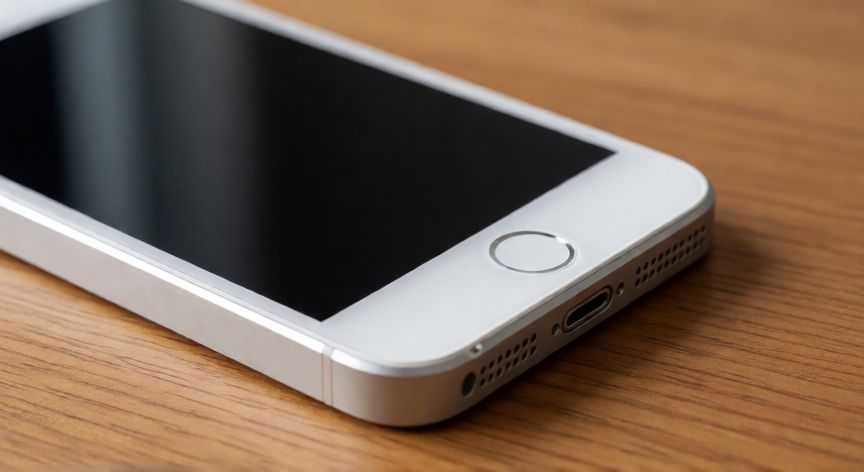 iPhone 5 de color plata sobre un escritorio de madera