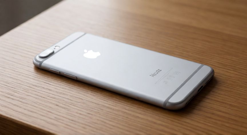 iPhone 6s de color plata sobre una mesa de madera