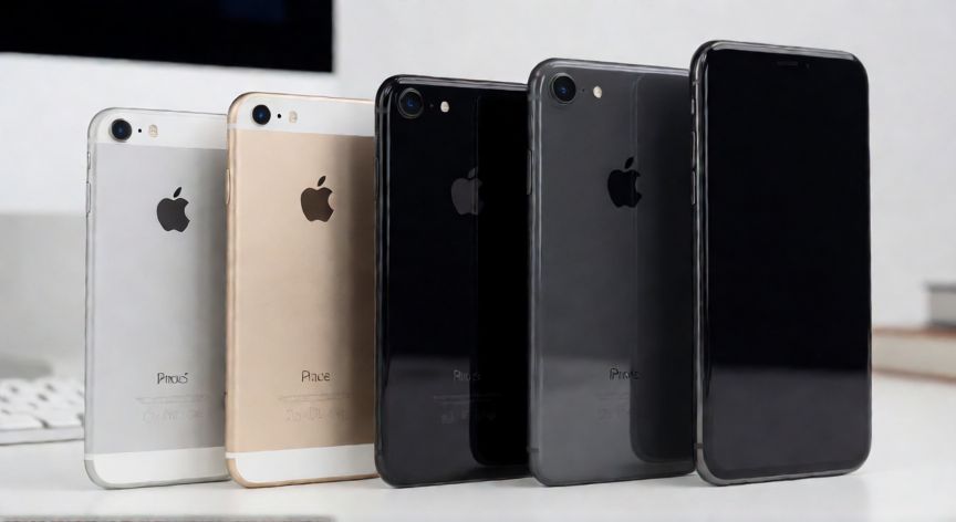 Línea completa de iPhones disponibles en 2018 sobre un escritorio