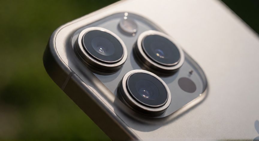 Detalle de la cámara trasera triple en un iPhone Pro con marco de titanio