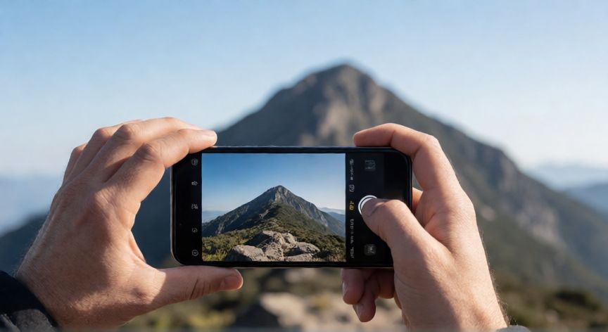 que iphone hace mejores fotos, Fotógrafo usando un iPhone para capturar un paisaje lejano con zoom óptico