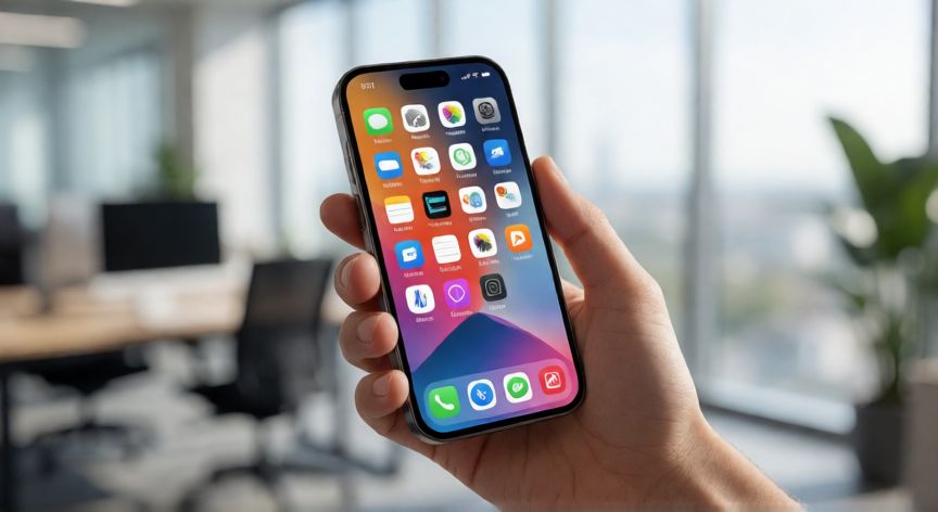 que iphone hay, Mano sosteniendo un teléfono inteligente compacto con interfaz moderna