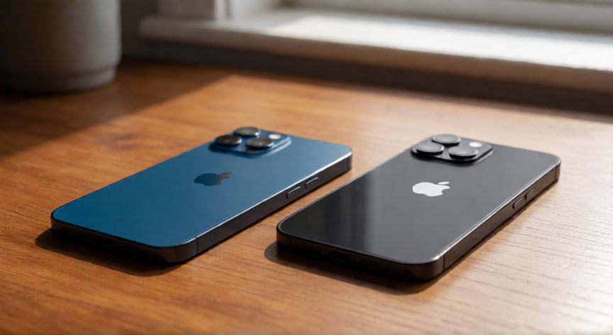 que iphone hay ahora, Comparativa entre iPhone 15 y iPhone 14 sobre una mesa de madera