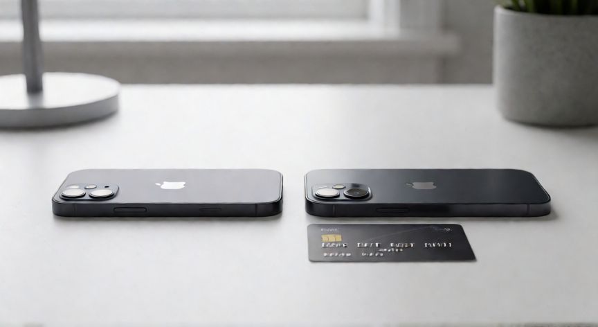 Comparación de tamaño entre iPhone 12 Mini e iPhone 13 Mini junto a una tarjeta de crédito