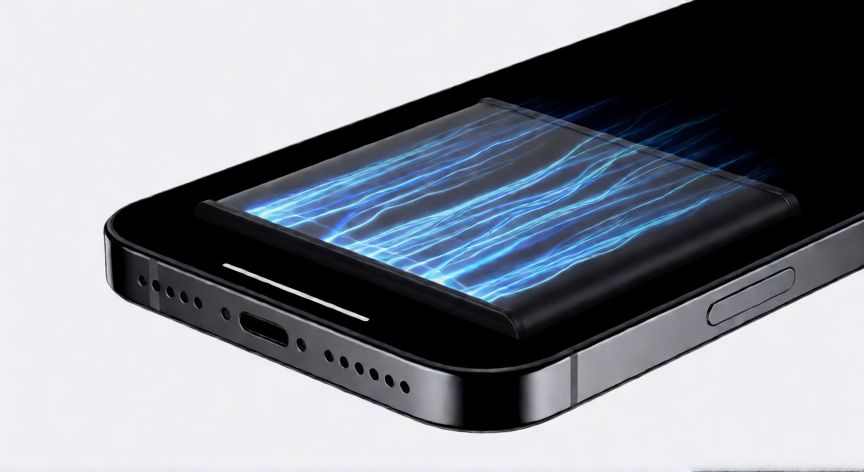 Batería de iPhone cargando con energía azul