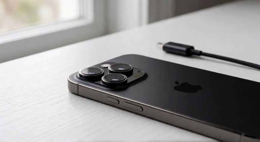 iPhone 16 Pro Max con cable de carga rápida sobre escritorio