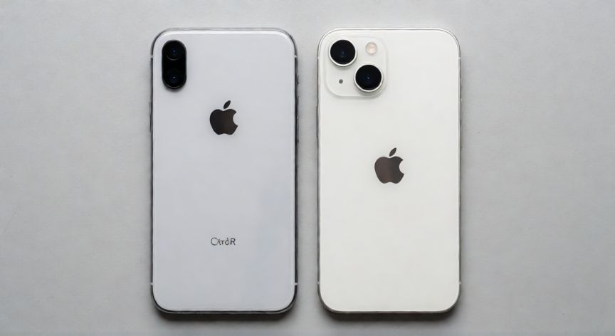 Comparativa visual entre un iPhone XR y un iPhone 13 sobre una superficie gris