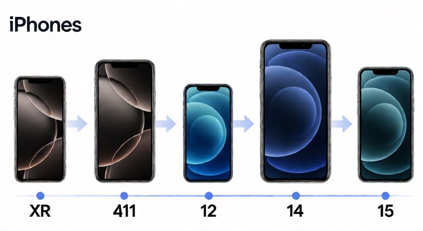 que iphone le sigue al xr, Línea de tiempo gráfica mostrando la evolución de modelos de iPhone desde el XR hasta el 15