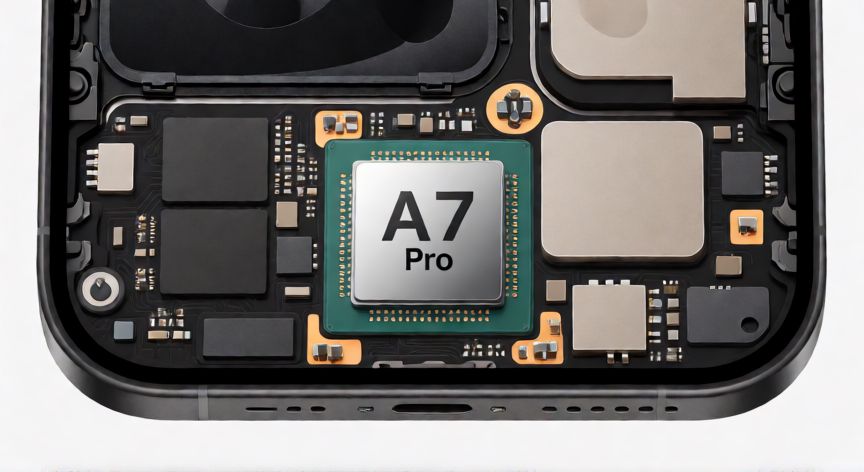 que iphone lleva chip, Vista interna del chip A17 Pro en un iPhone 15 Pro