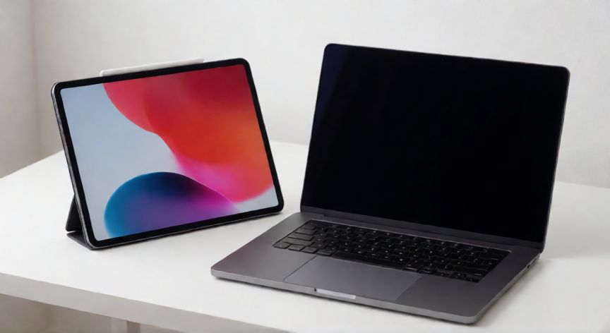 que iphone lleva chip, iPad Pro con chip M2 y MacBook Pro con chip M3 en un escritorio