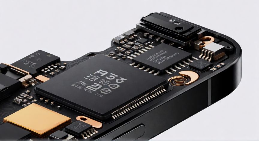 que iphone lleva chip digital, Placa base de un iPhone mostrando el chip de seguridad y la antena NFC