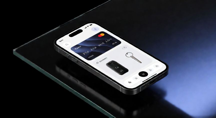 que iphone lleva chip digital, Interfaz de billetera digital en un iPhone mostrando tarjetas y llaves