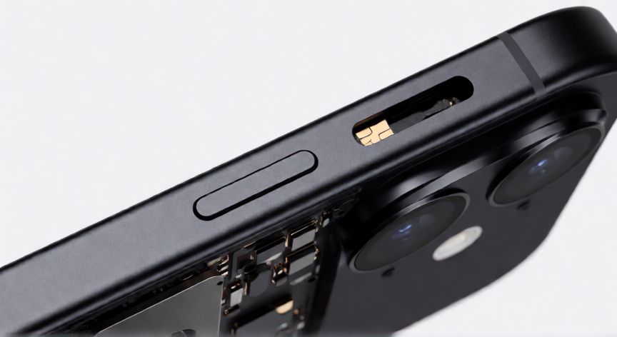Detalle técnico de la ranura SIM y la integración interna de la eSIM en un iPhone moderno