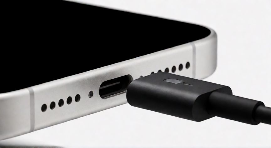 que iphone lleva tipo c, Vista del puerto USB-C en la parte inferior de un iPhone 15