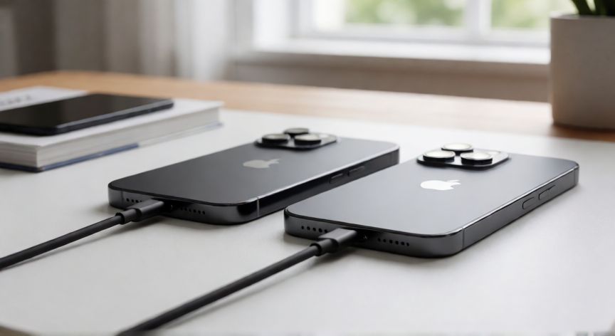que iphone lleva usb c, iPhone 16 con cable USB-C sobre escritorio