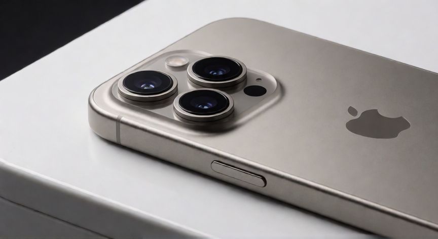 que iphone me compro, Detalle de un iPhone Pro con marco de titanio y sistema de camaras triple