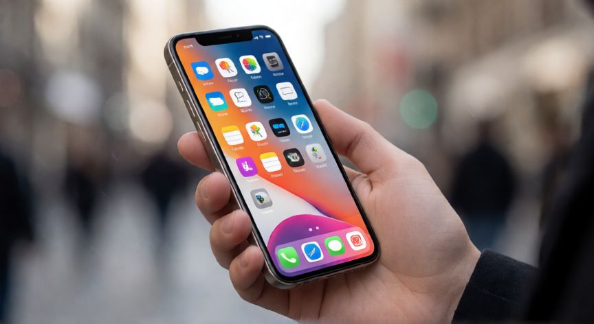 que iphone me compro calidad precio, Mano sosteniendo un smartphone con pantalla encendida en entorno urbano