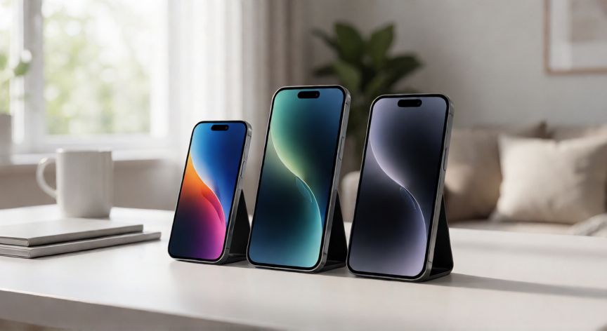 que iphone me compro en 2026, Comparativa visual de modelos de iPhone sobre un escritorio moderno