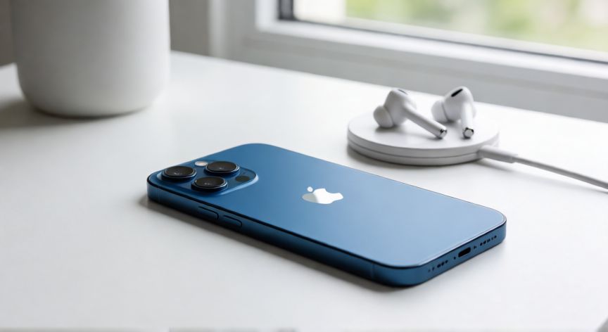 que iphone me compro hoy, iPhone modelo base azul sobre un escritorio con accesorios de carga