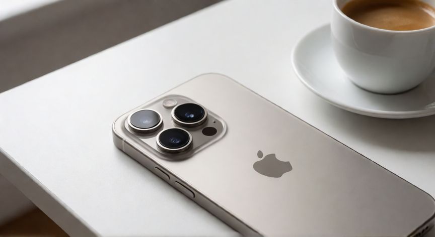 que iphone me recomiendan comprar, iPhone 15 Pro Max de color titanio sobre un escritorio