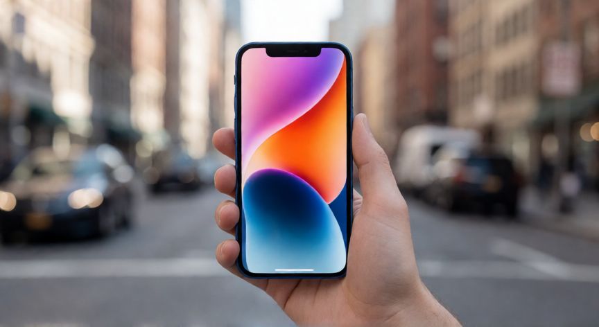que iphone me recomiendan comprar, Persona sosteniendo un iPhone 14 azul en la calle