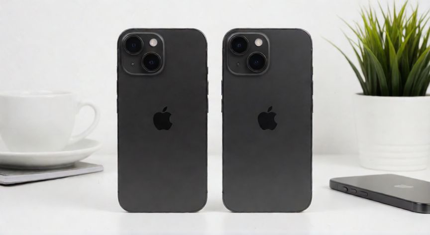 que iphone me recomiendas, Comparativa visual entre el iPhone 15 y el iPhone 14 sobre una mesa de escritorio