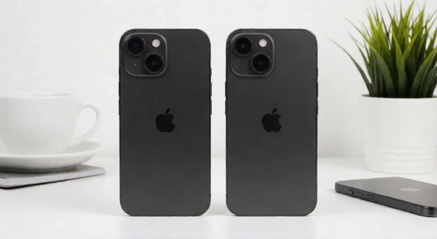 que iphone me recomiendas, Smartphone elegante sobre escritorio de madera junto a taza de café y cuaderno con luz natural